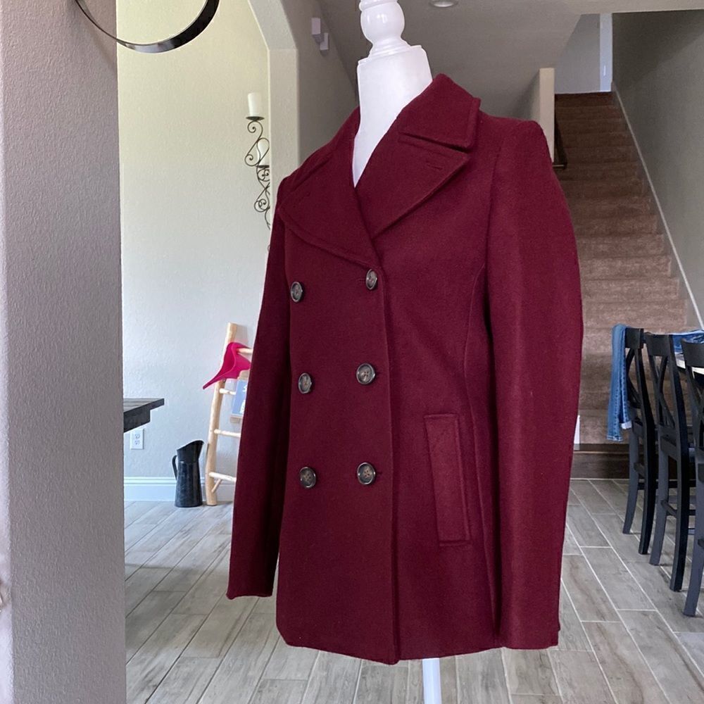 Old Navy Burgundy Wool Blend Pea Coat Pockets Collar S - Picture 3 of 10